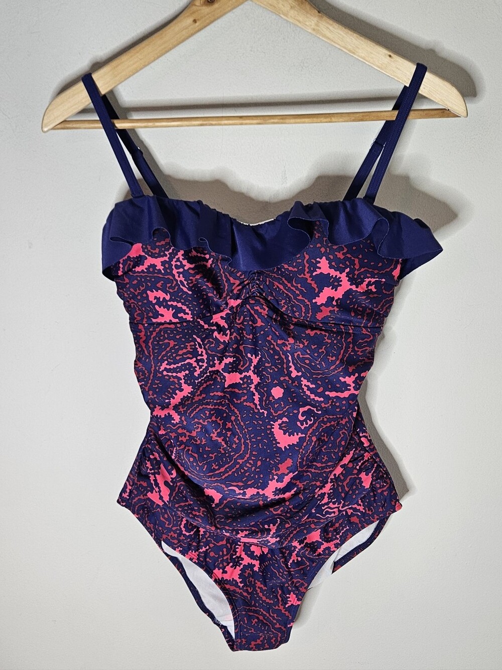 Boden One Piece Bathing Suit Red Blue Paisley Ruffle Edge Optional Straps 6